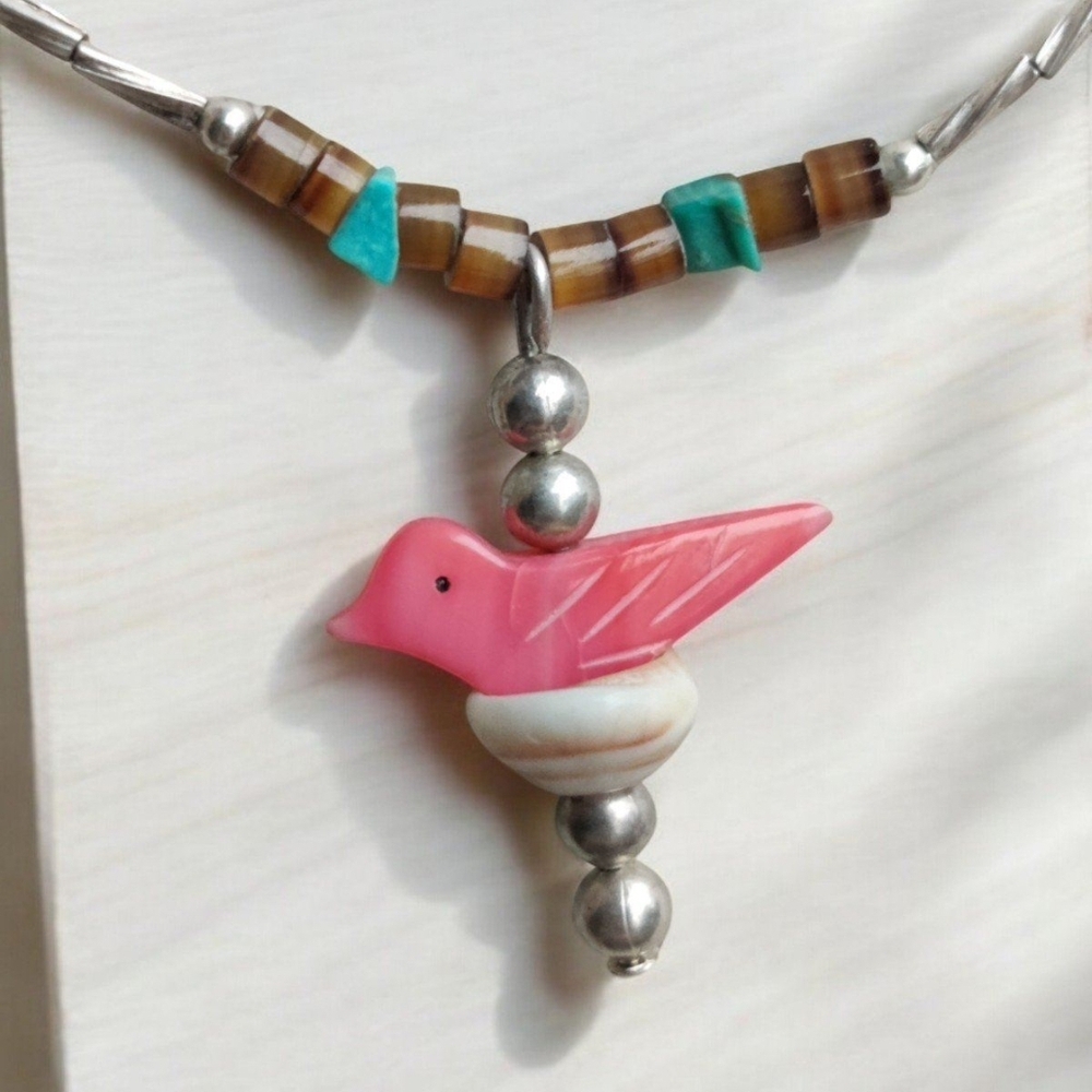 Sterling Native Turquoise And Coral Bird Fetish Heishi Bead Necklace - Picture 1 of 5